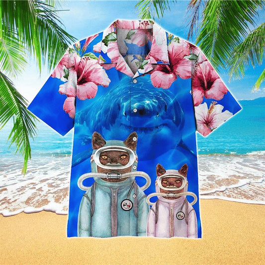 Shark With Cat Diver Hibiscus Blue Hawaiian Shirt