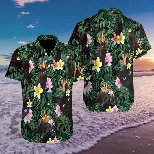 So Cute Black Cat Tropical Colorful Hawaiian Shirt