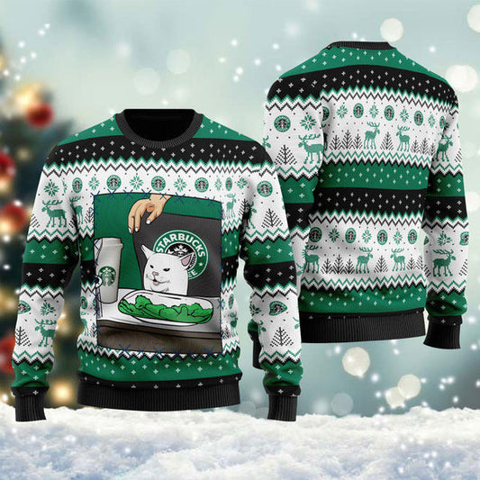 Starbucks Cat Meme Christmas Ugly Sweater