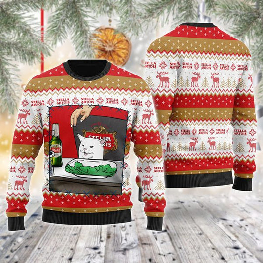 Stella Artois Beer Cat Meme Christmas Ugly Sweater