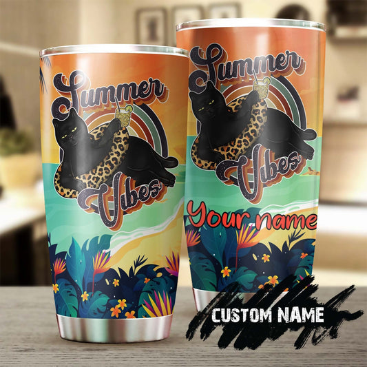 Summer Vibes Funny Black Cat Relaxing Personalized Tumbler