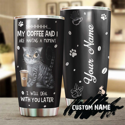 Tabby Cat Having Coffee Personalized Tumbler