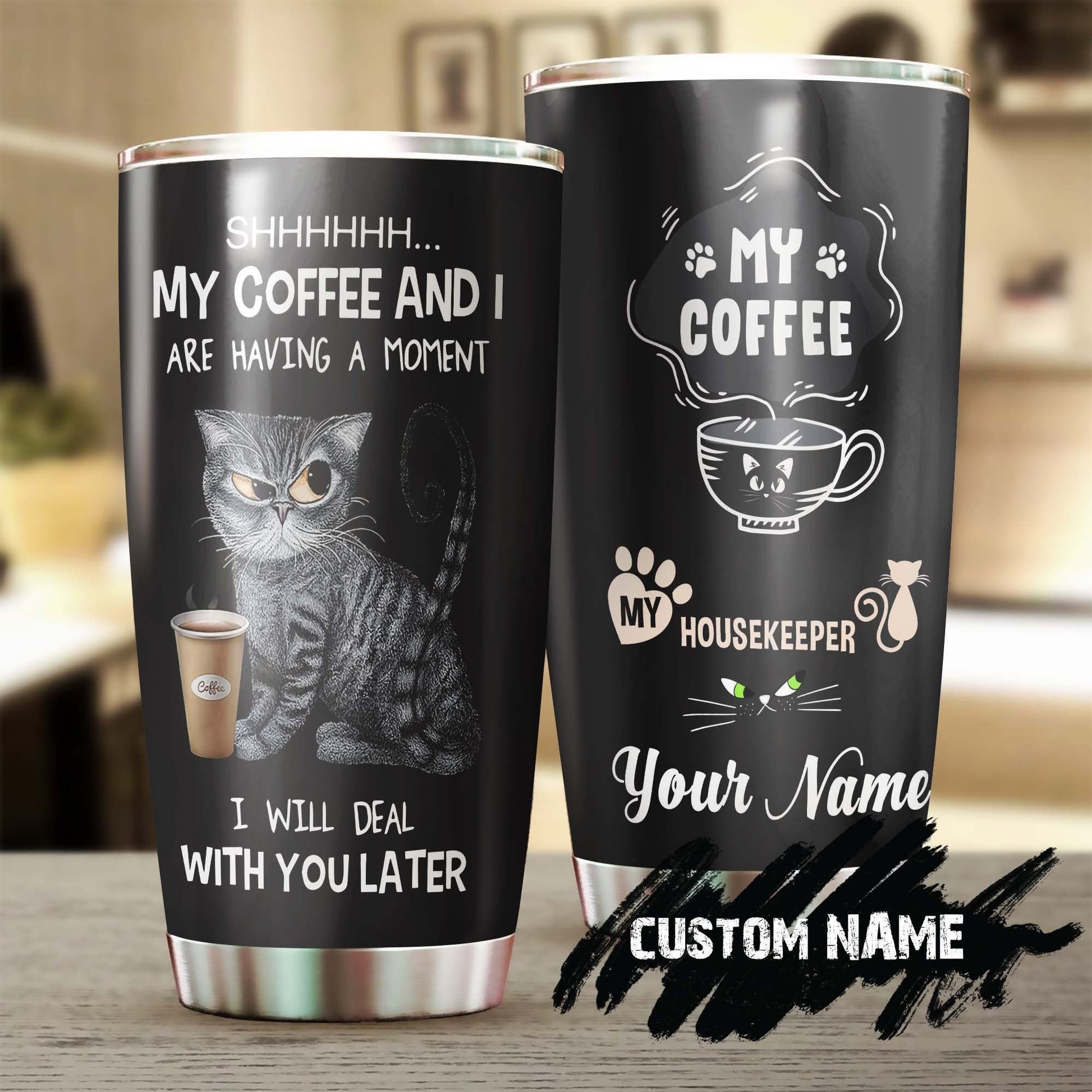 Tabby Cat House Keeper Having Coffee Personalized Tumbler
