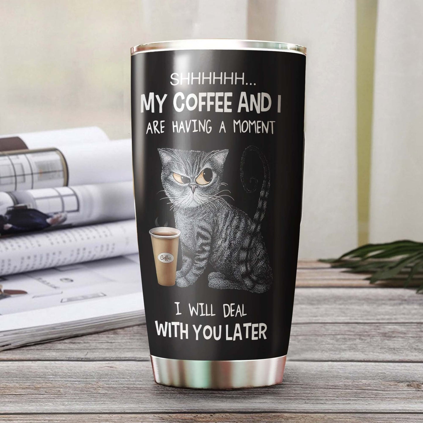 Tabby Cat House Keeper Having Coffee Personalized Tumbler 1