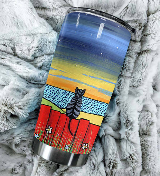 Tabby Cat Red Fence Sunset Ocean Tumbler
