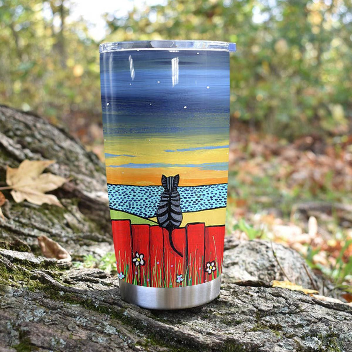 Tabby Cat Red Fence Sunset Ocean Tumbler 1
