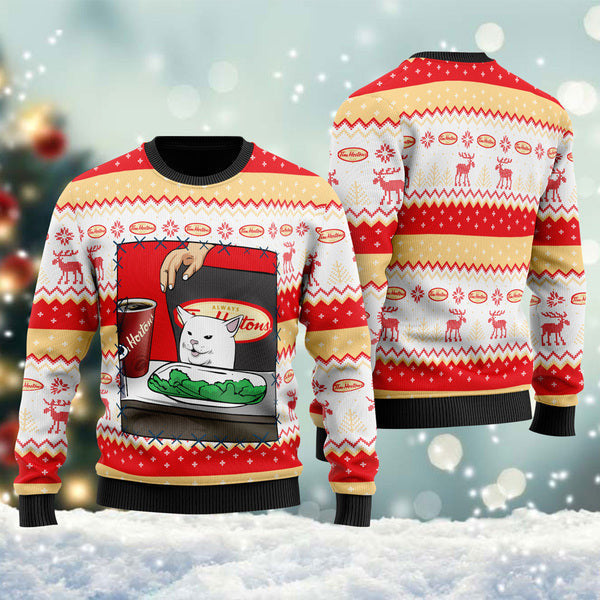 Tim Hortons Cat Meme Christmas Ugly Sweater
