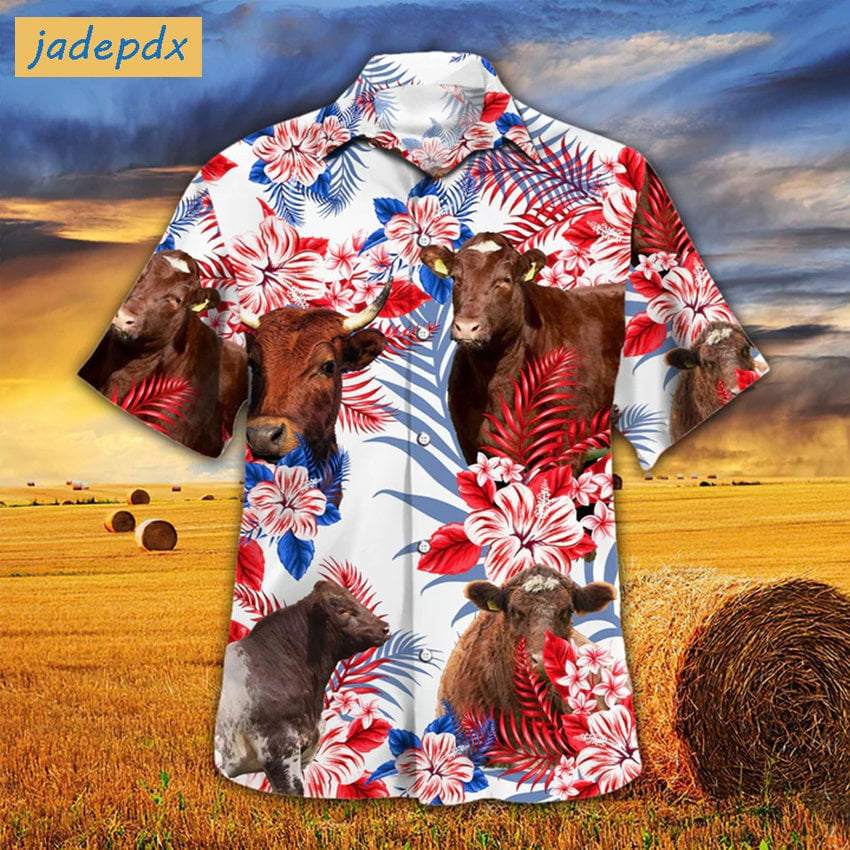 Tropical Flower Shorthorn Cattle American Flag Hawaiian Shirt