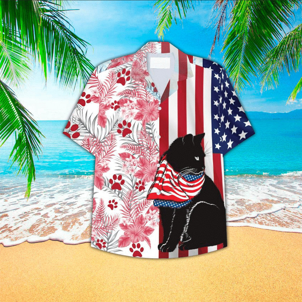 US Flag Black Cat Tropical Hawaiian Shirt