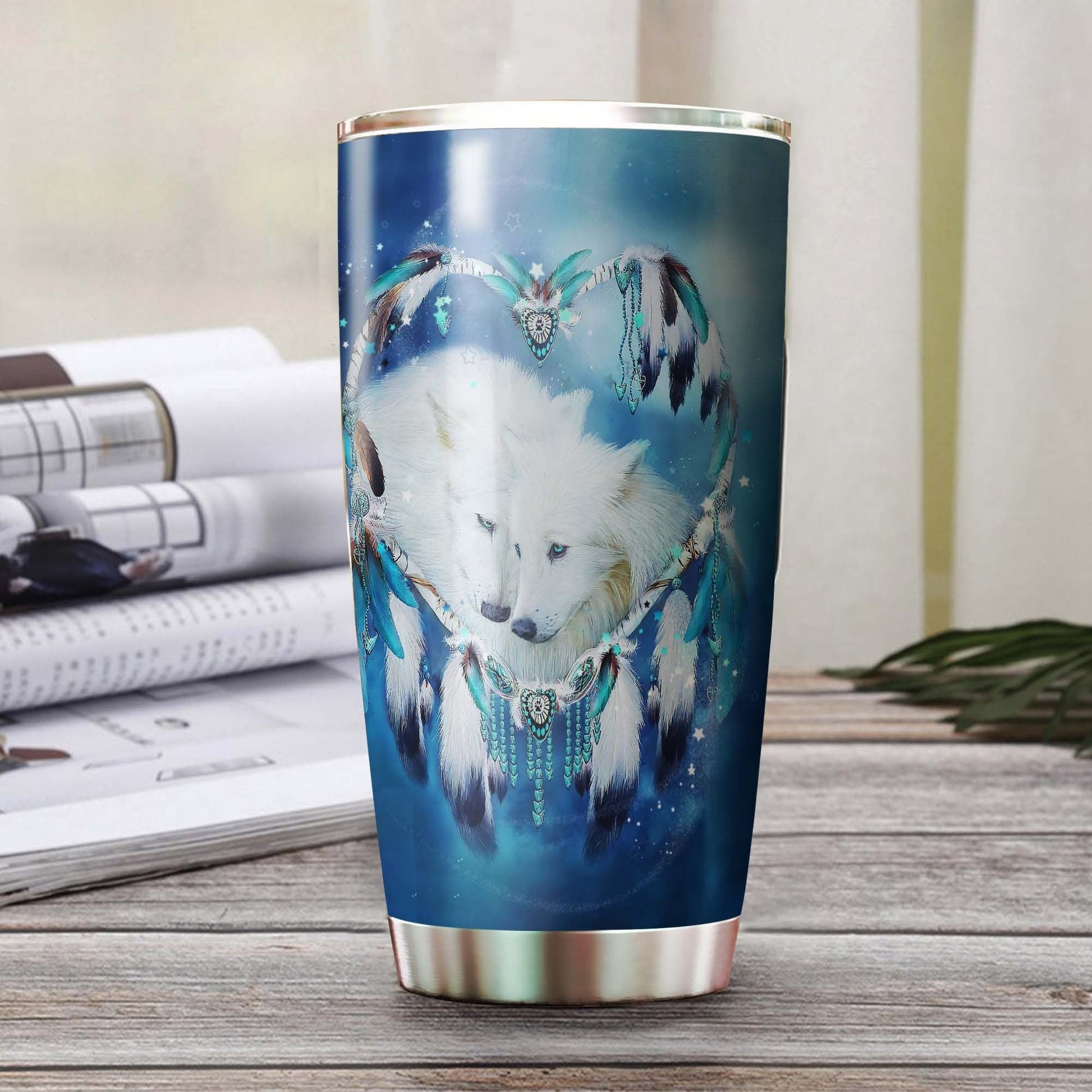 Wolf Couple Ice Heart Dreamcatcher Personalized Tumbler 1