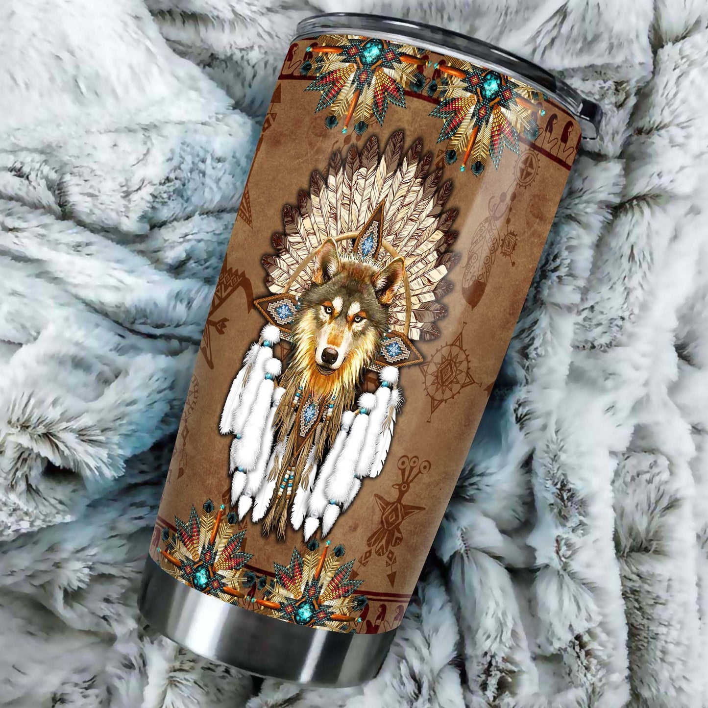 Wolf Dreamcatcher Native American Steel Tumbler 1